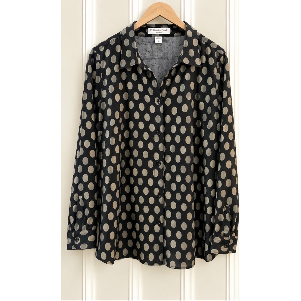 Coldwater Creek No Iron Cotton Polka Dot Button Down Shirt Black Tan 1X 18